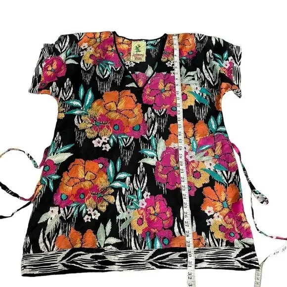 Johnny Was 100% Silk Floral Pullover Mumu Tunic Top Short Sleeve V-Neck Size XS - Picture 8 of 8